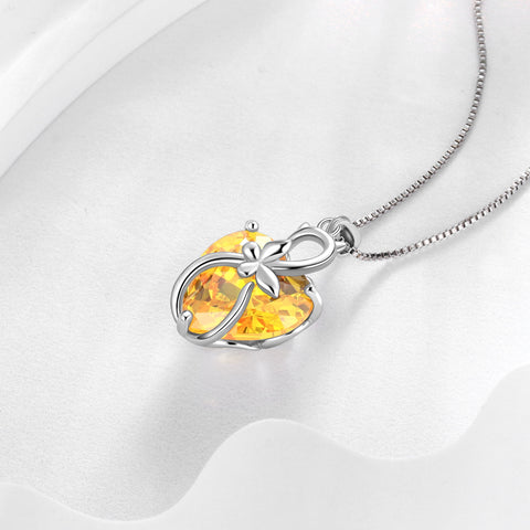 15MM Women Cat Necklace Heart November Birthstone 925 Sterling Silver Pendant Yellow Butterfly Citrine Jewelry Mother Cat Lover Christmas Birthday Gift - Aurora Tears