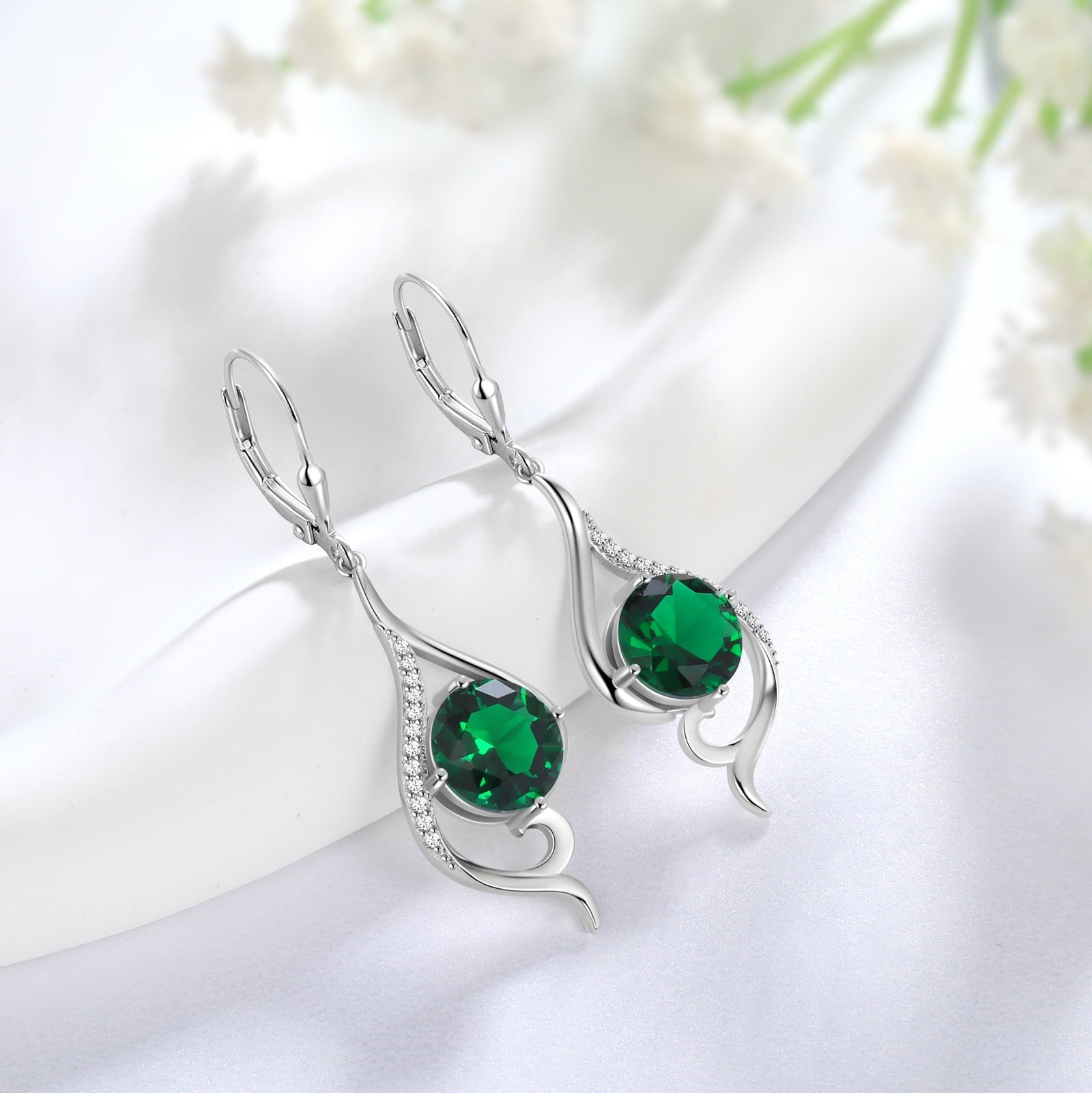 Women Dangle Earrings May Birthstone Earring Emerald Green 925 Sterling Silver Leverback Hanging Tail Jewelry Christmas Mother's Day Gift for Her/Mom/Grandma/Wife - Aurora Tears