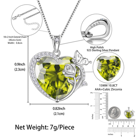 Women Heart Necklace Butterfly Rose Flower Pendant August Birthstone Peridot Jewelry 925 Sterling Silver Wife Mother Birthday Anniversary Gift - Aurora Tears