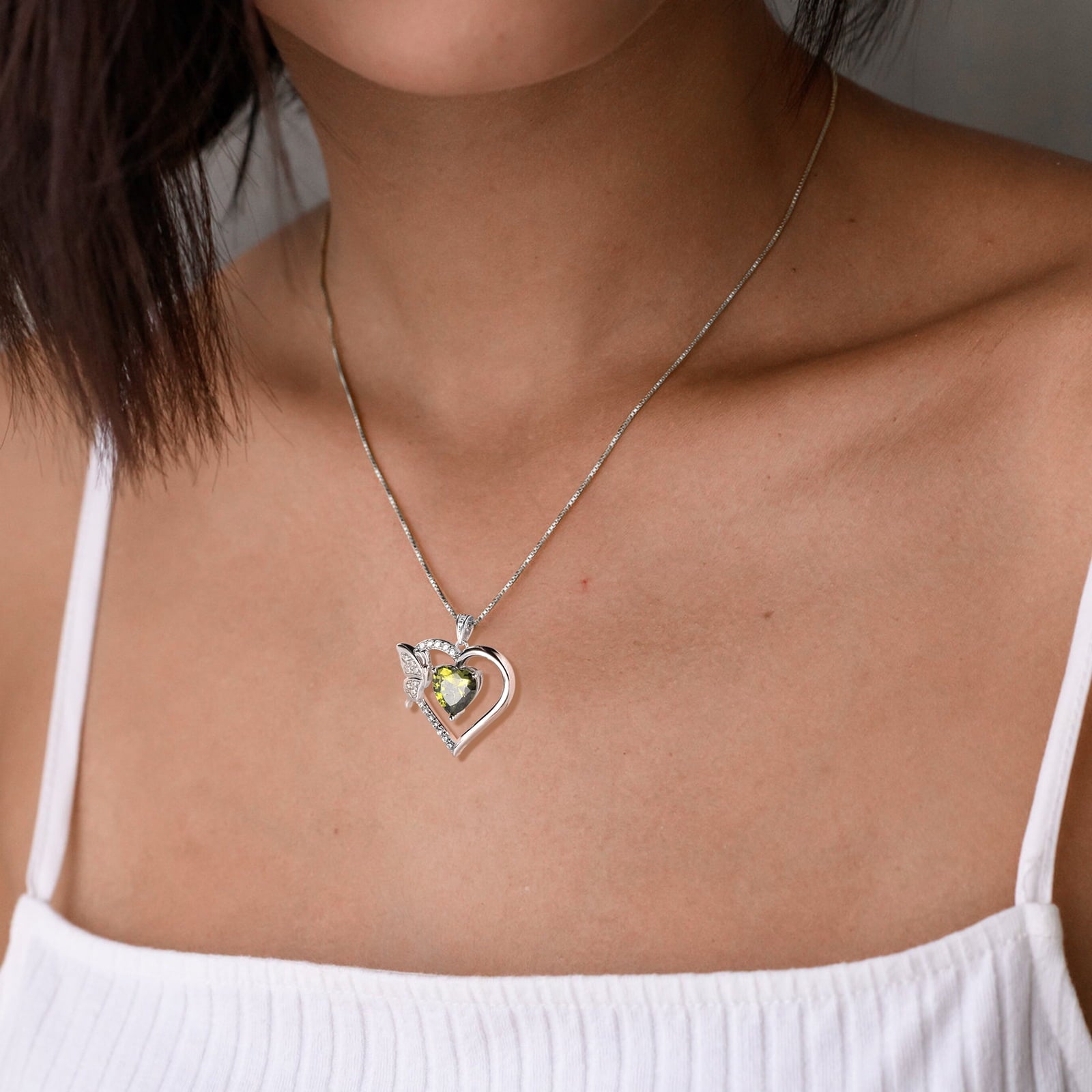 Women Green Heart Necklace Butterfly August Birthstone Necklace Peridot Crystal 925 Sterling Silver Pendant Jewelry Birthday Mother's Day Gift - Aurora Tears