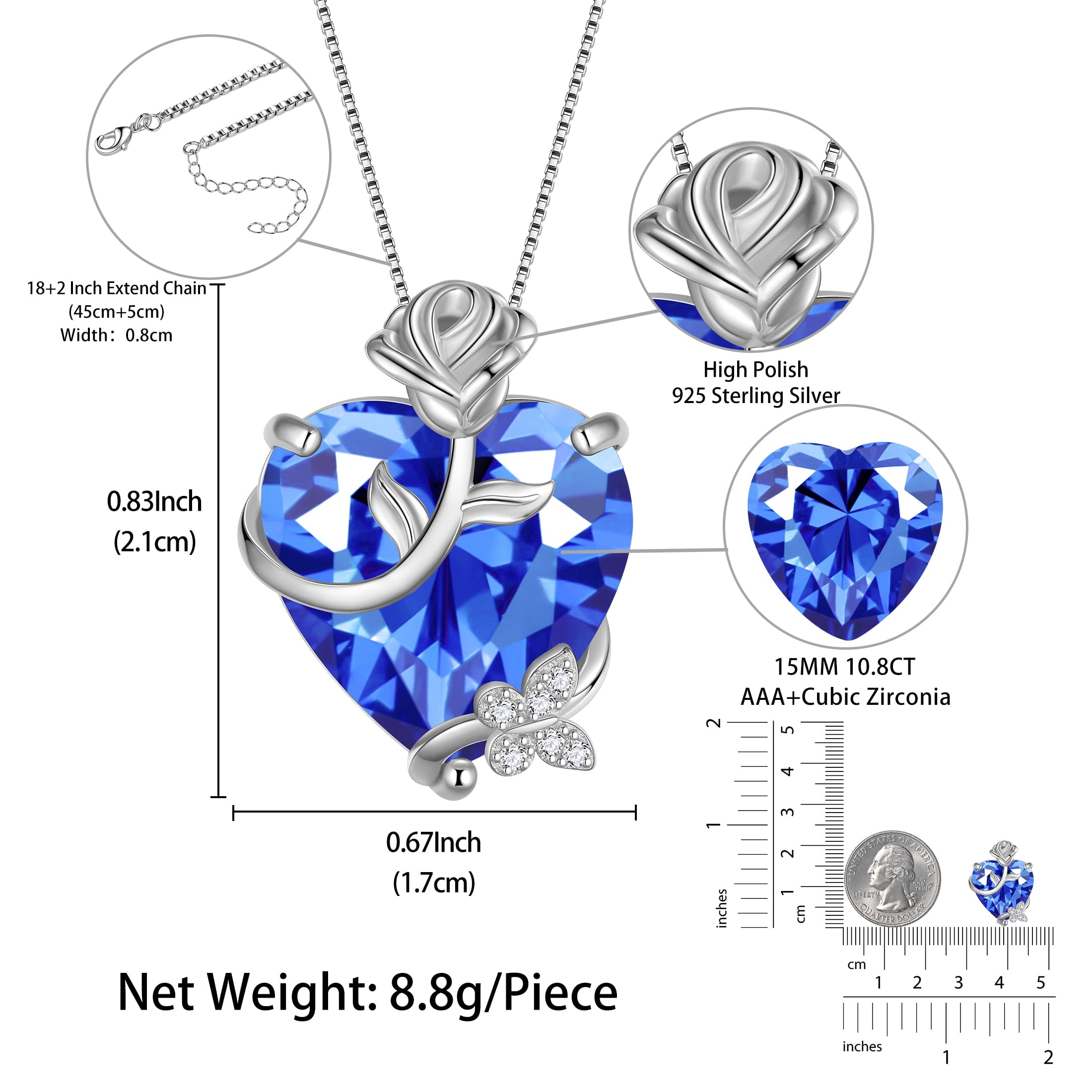 15MM Women Rose Heart Necklace December Birthstone 925 Sterling Silver Butterfly Flower Pendant Tanzanite Jewelry Christmas Valentines Mother's Day Gift - Aurora Tears