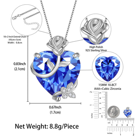15MM Women Rose Heart Necklace December Birthstone 925 Sterling Silver Butterfly Flower Pendant Tanzanite Jewelry Christmas Valentines Mother's Day Gift - Aurora Tears