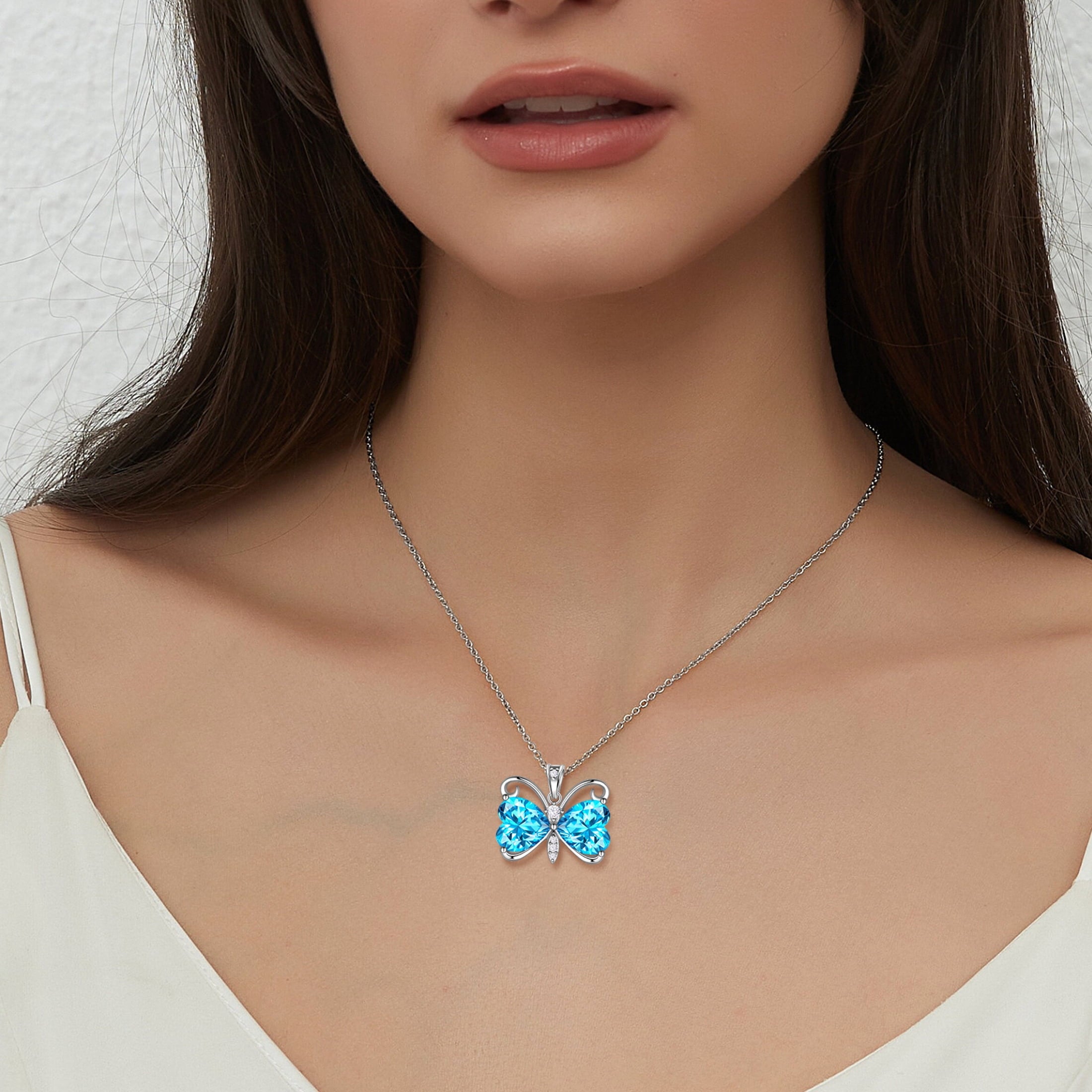 Women Blue Butterfly Necklace Heart March Birthstone Necklace Aquamarine Silver Plated Pendant Jewelry Christmas Birthday Mother's Day Gift - Aurora Tears