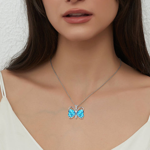 Women Blue Butterfly Necklace Heart March Birthstone Necklace Aquamarine Silver Plated Pendant Jewelry Christmas Birthday Mother's Day Gift - Aurora Tears