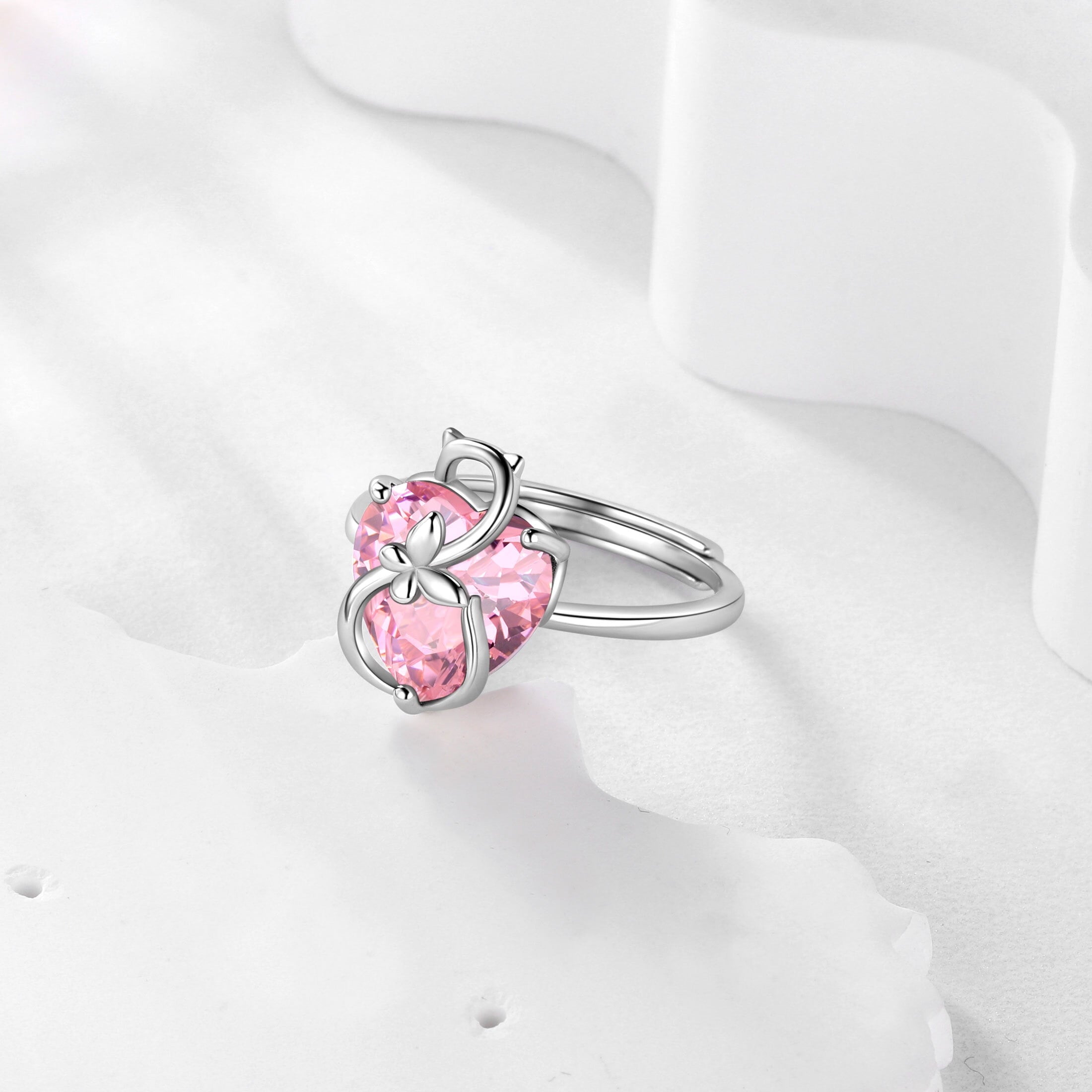 Women Heart Ring 925 Sterling Silver Cat Butterfly October Birthstone Tourmaline Pink Solitaire Ring Jewelry Mother Birthday Valentine's Day Gifts - Aurora Tears