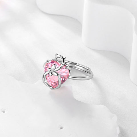 Women Heart Ring 925 Sterling Silver Cat Butterfly October Birthstone Tourmaline Pink Solitaire Ring Jewelry Mother Birthday Valentine's Day Gifts - Aurora Tears