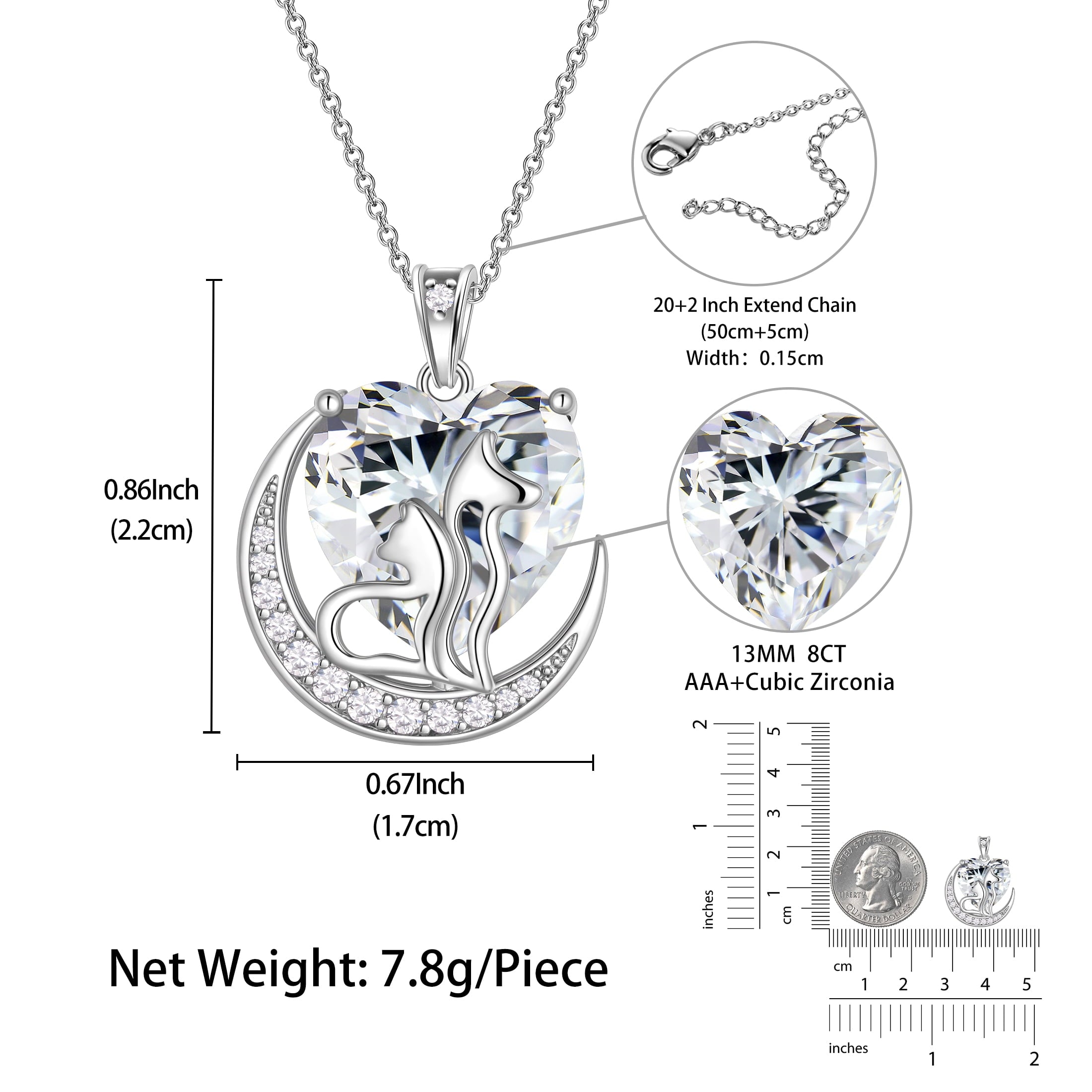 Women Animal Cat and Dog Necklace White Heart April Birthstone Charm Diamond Crystal Pendant Jewelry Birthday Gift for Mother Wife Daughter Pet Lovers - Aurora Tears