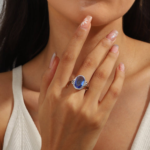 8Ct Oval Women Ring 925 Sterling Silver Halo Blue Tanzanite Ring December Birthstone Jewelry Mother Grandma Christmas Birthday Gift for Her - Aurora Tears