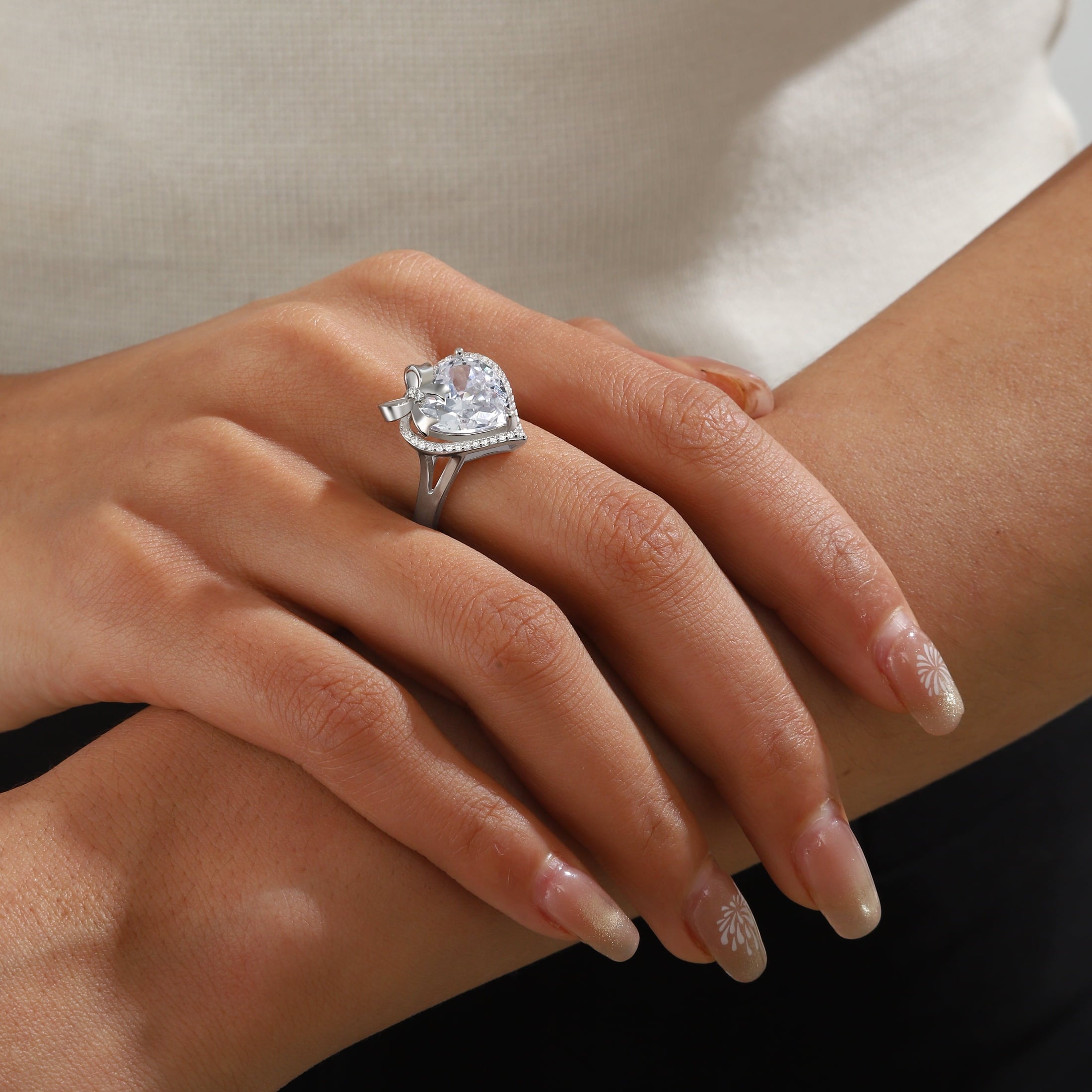 6Ct Heart Women Ring Bow Knot Ribbon 925 Sterling Silver April Birthstone Crystal Diamond Ring Promise Bridal Jewelry Valentines Gift for Wife Mother - Aurora Tears