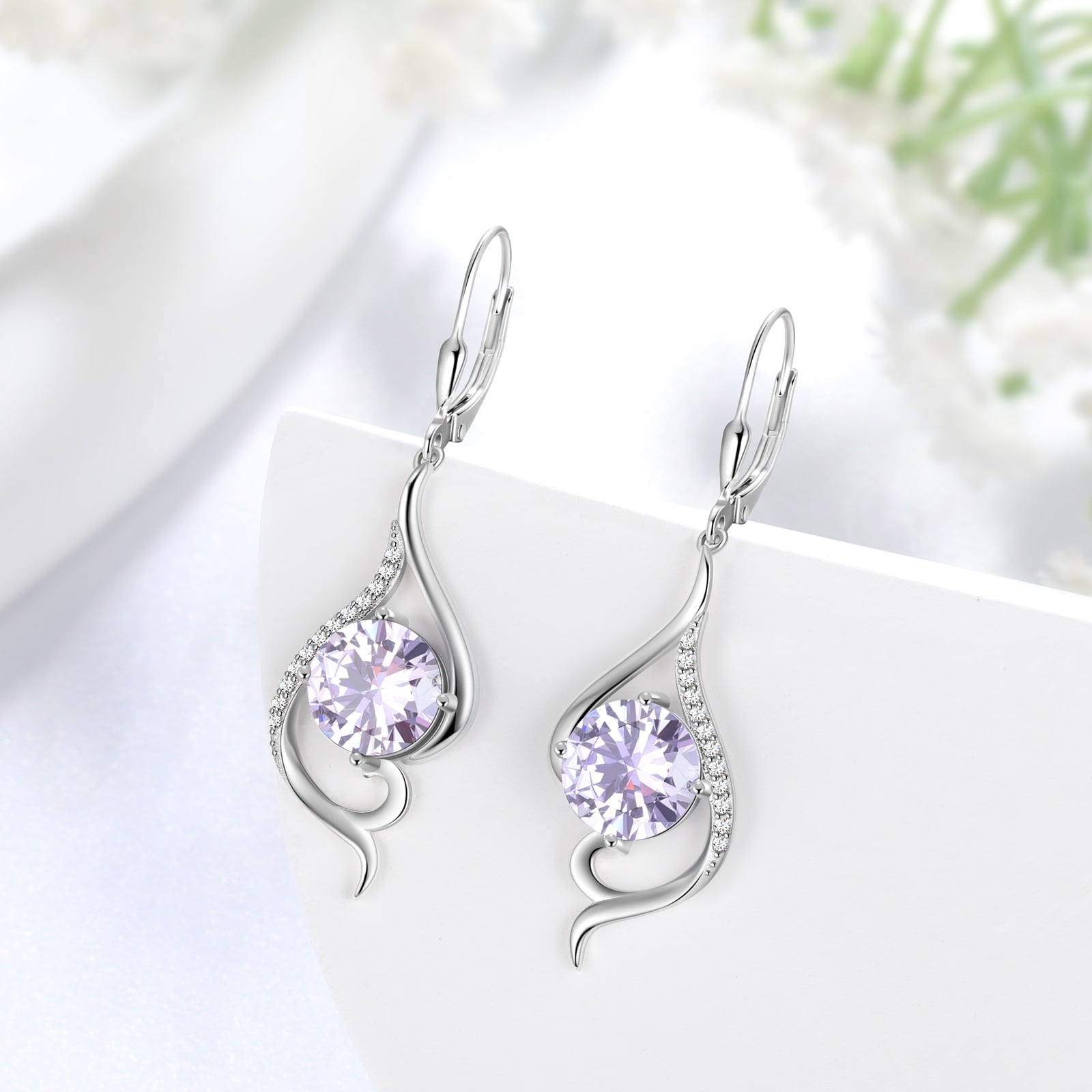 925 Sterling Silver Leverback Women Earrings June Birthstone Alexandrite Purple Long Drop Earring Tail Jewelry Mother Christmas Birthday Valentines Gift for Her - Aurora Tears