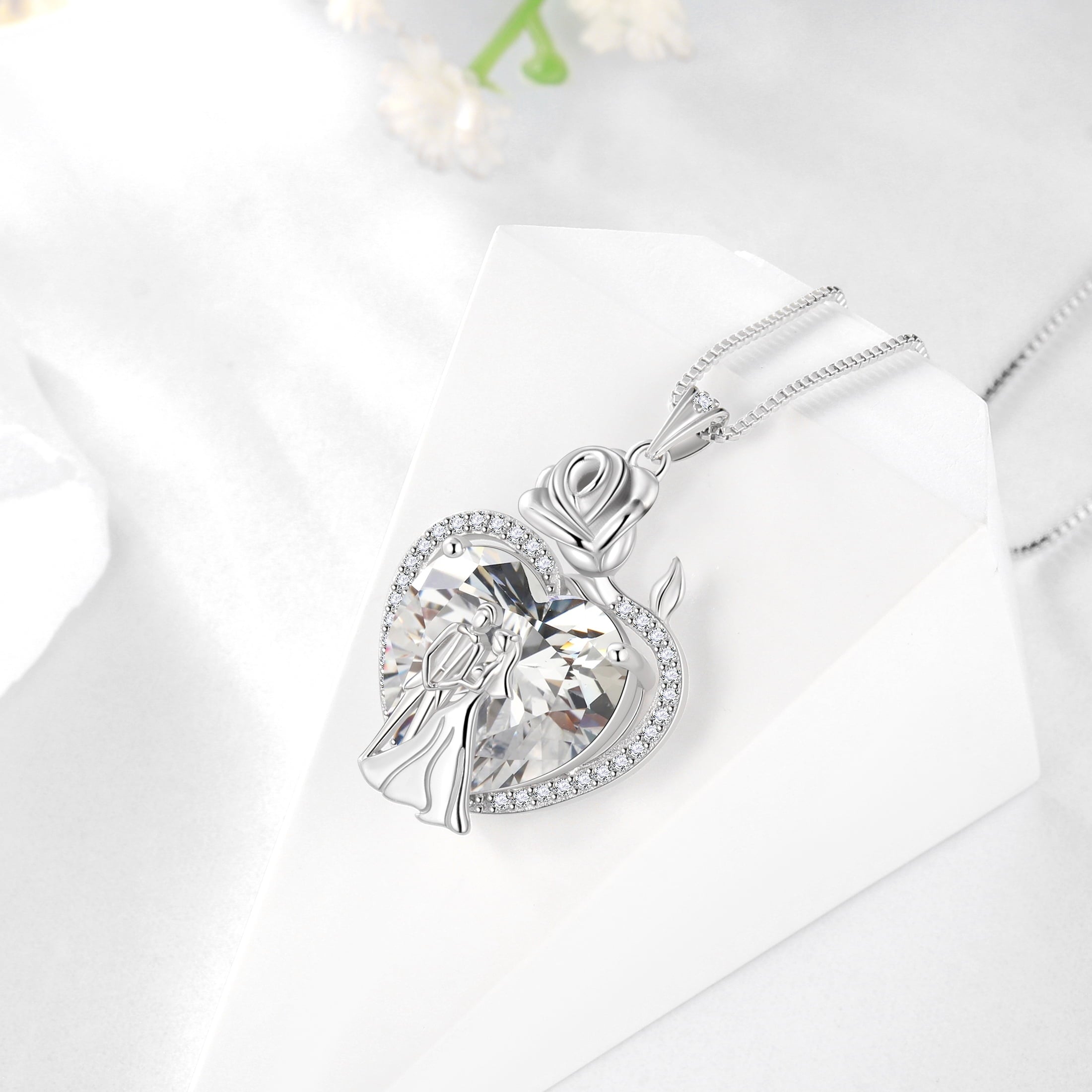 Couple Necklace for Women 925 Sterling Silver 15MM Heart April Birthstone Rose Flower Pendant Wedding Engagement Jewelry Valentine's Day Gifts for Her Wife Bride - Aurora Tears