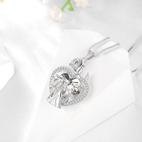 Couple Necklace for Women 925 Sterling Silver 15MM Heart April Birthstone Rose Flower Pendant Wedding Engagement Jewelry Valentine's Day Gifts for Her Wife Bride - Aurora Tears