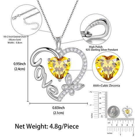Women Yellow Love Heart Necklace Butterfly November Birthstone Necklace Citrine 925 Sterling Silver Pendant Jewelry Christmas Birthday Gifts for Mother - Aurora Tears