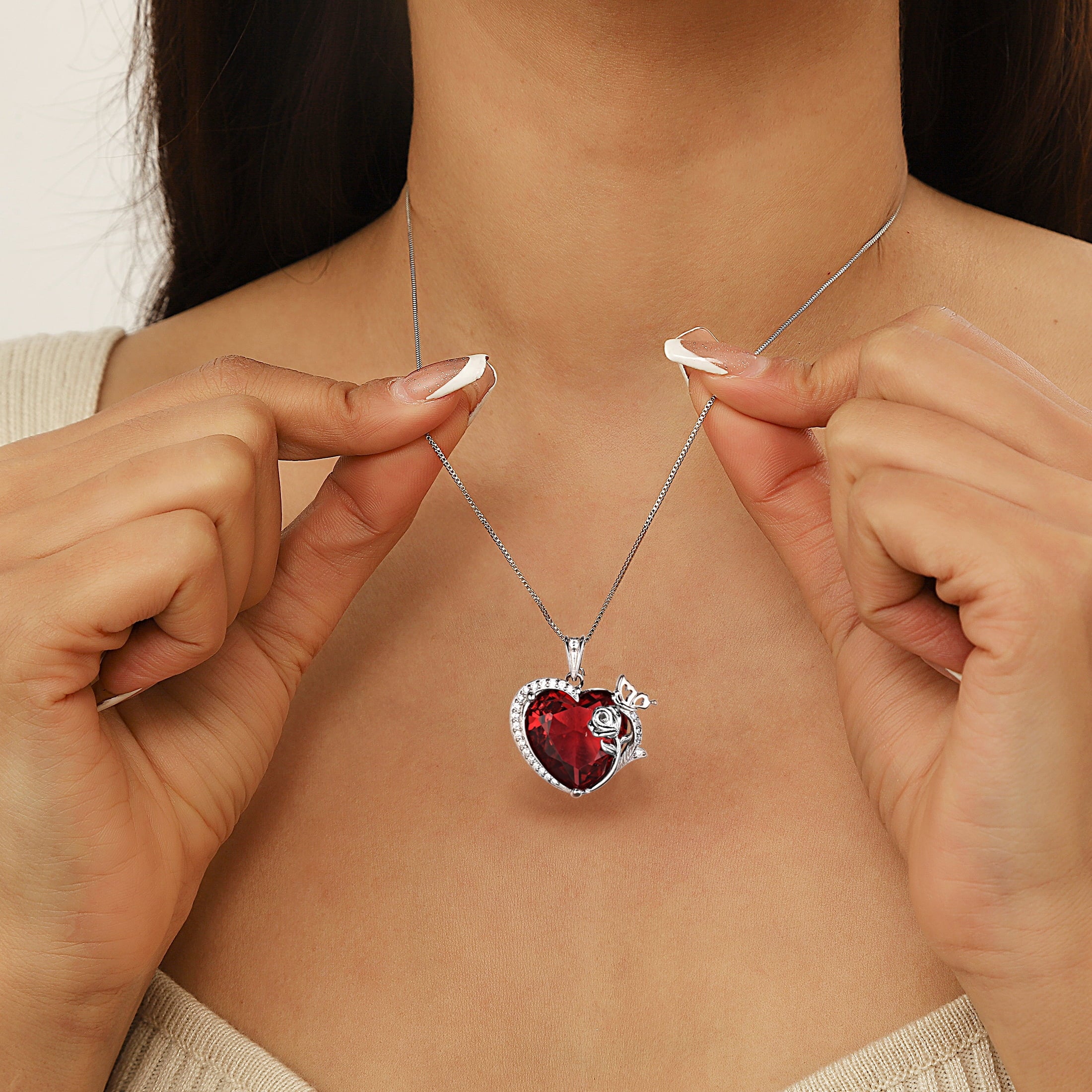 Women Heart Necklace Butterfly Rose Flower Pendant January Birthstone Garnet Red 925 Sterling Silver Jewelry Wife Mother Valentine's Day Gifts - Aurora Tears