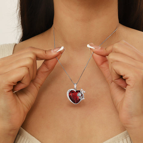 Women Heart Necklace Butterfly Rose Flower Pendant January Birthstone Garnet Red 925 Sterling Silver Jewelry Wife Mother Valentine's Day Gifts - Aurora Tears