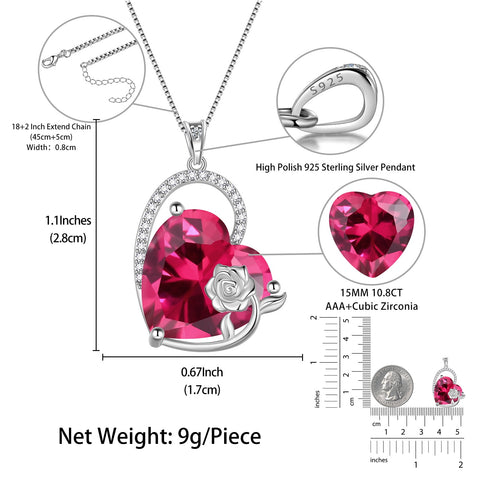 925 Sterling Silver 15MM Heart Necklace Women July Birthstone Ruby Jewelry Red Rose Flower Pendant Mother Christmas Birthday Valentines Day Gift for Her - Aurora Tears