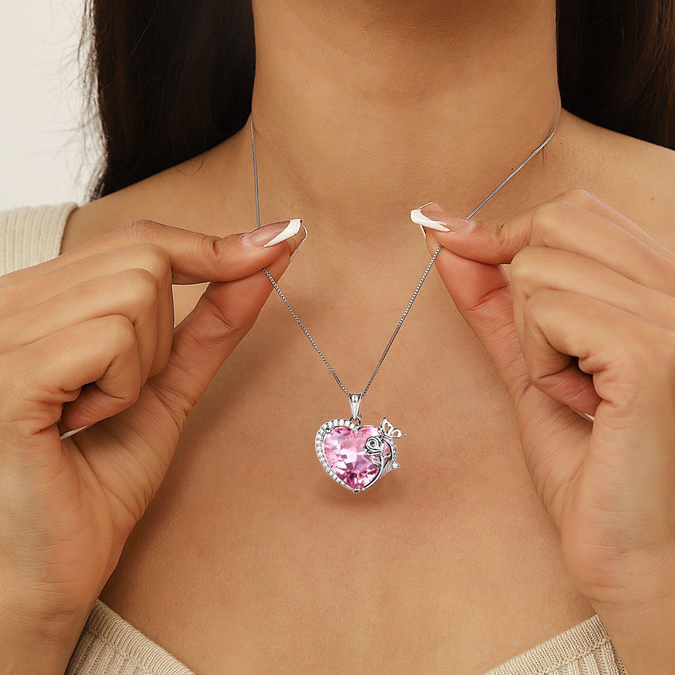 Women Heart Necklace Butterfly Rose Flower Pendant October Birthstone Tourmaline Pink Jewelry 925 Sterling Silver Mother Wife Girlfriend Valentines Gift - Aurora Tears