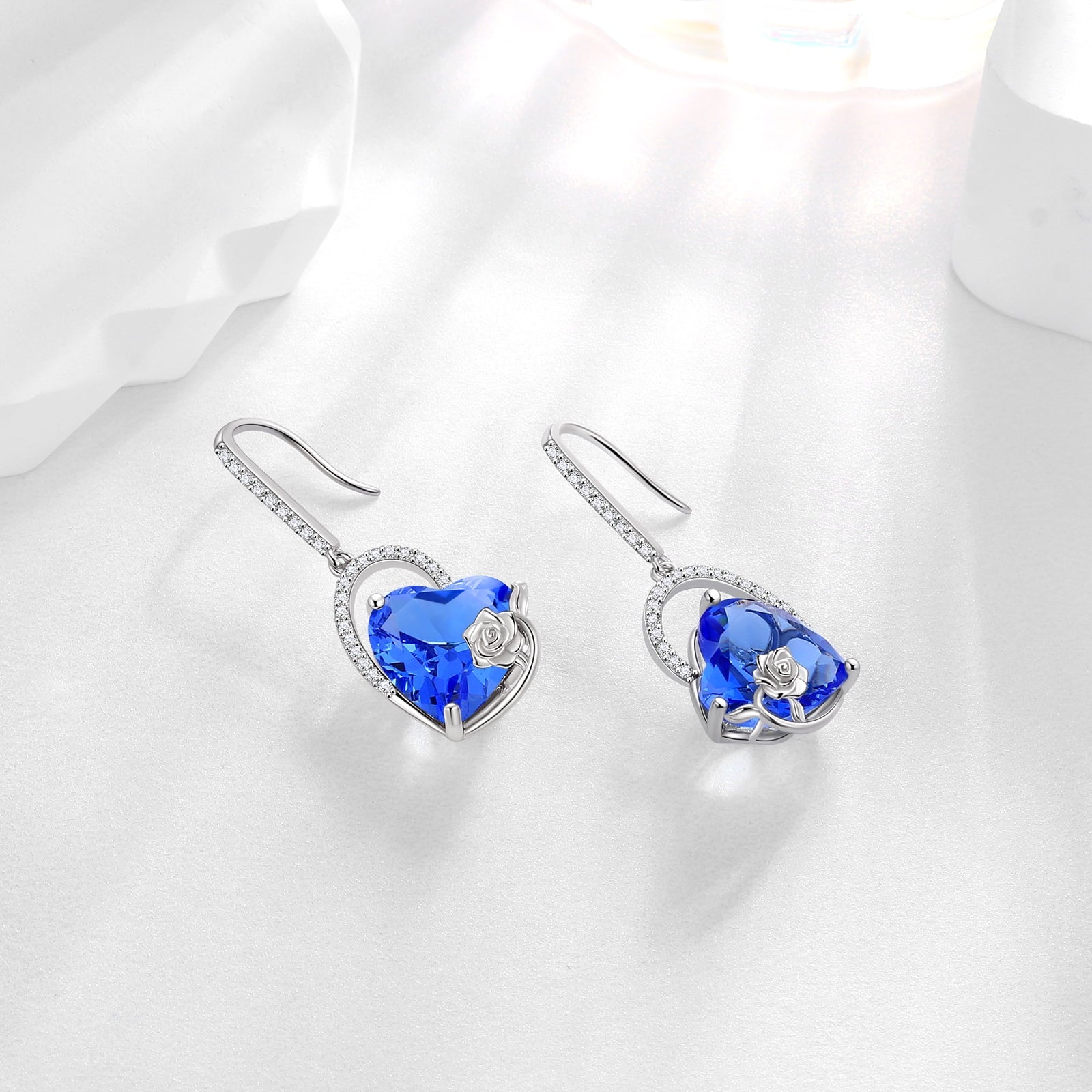 925 Sterling Silver Earrings Women Heart December Birthstone Hook Dangle Earring Tanzanite Blue Rose Flower Jewelry Mother Wife Christmas Birthday Gift - Aurora Tears