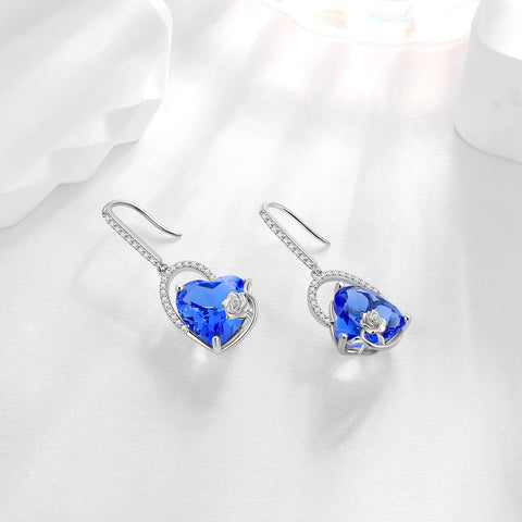 925 Sterling Silver Earrings Women Heart December Birthstone Hook Dangle Earring Tanzanite Blue Rose Flower Jewelry Mother Wife Christmas Birthday Gift - Aurora Tears