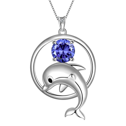 Juwaliy 925 Sterling Silver Cute Dolphin Necklace for Women Birthstone Pendant Sea Animal Jewelry Gifts - Aurora Tears