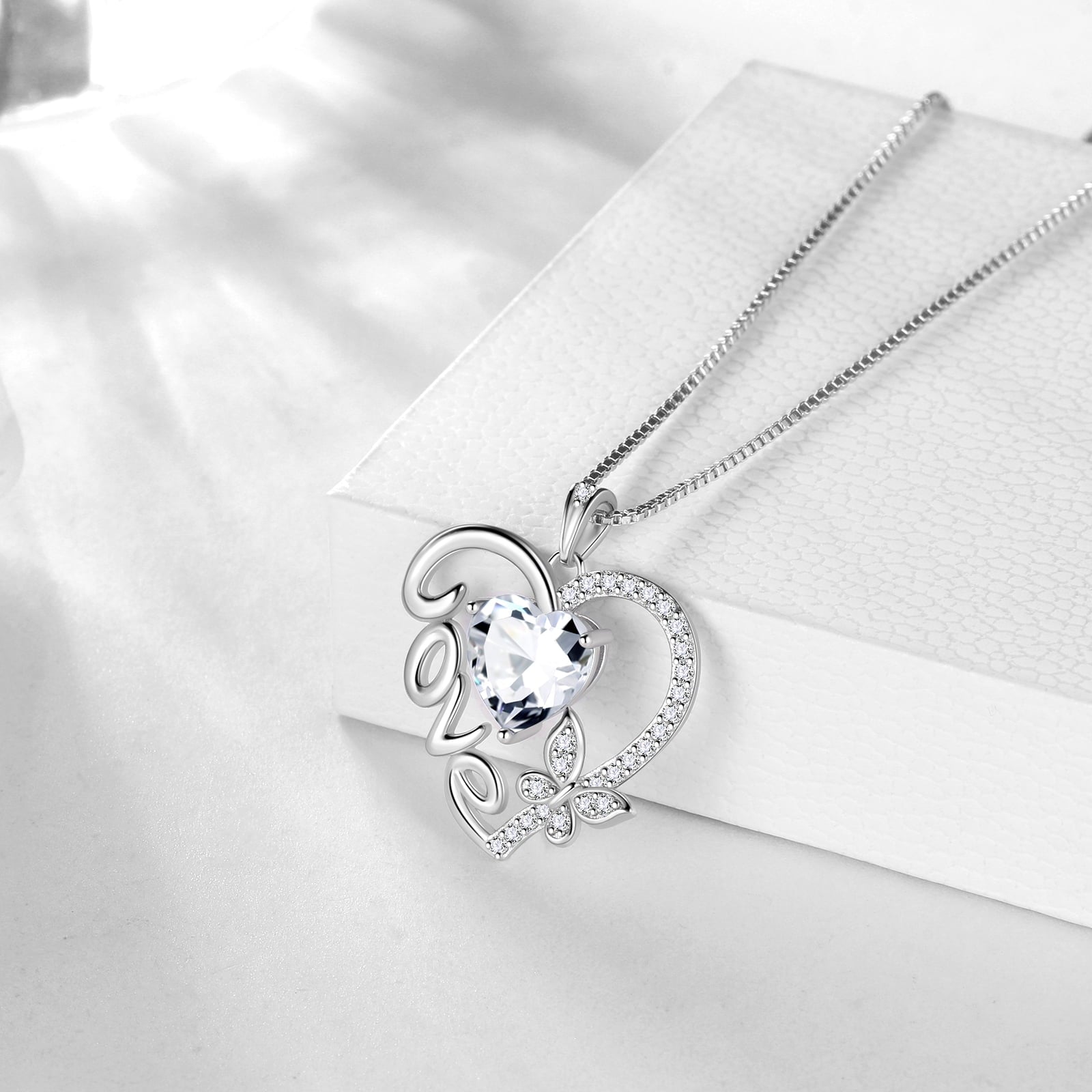 Women White Love Heart Necklace Butterfly April Birthstone Necklace Diamond CZ 925 Sterling Silver Pendant Jewelry Birthday Valentines Mother's Day Gift - Aurora Tears