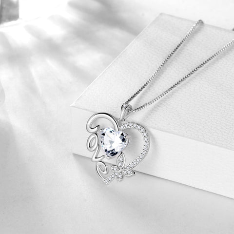 Women White Love Heart Necklace Butterfly April Birthstone Necklace Diamond CZ 925 Sterling Silver Pendant Jewelry Birthday Valentines Mother's Day Gift - Aurora Tears