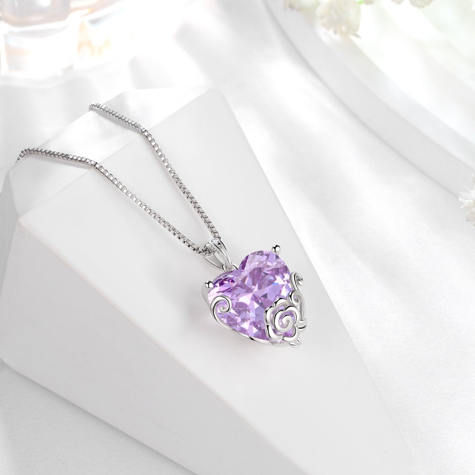 Women Heart Necklace June Birthstone Alexandrite Jewelry 925 Sterling Silver Flower Rose Pendant Mom Birthday Mother's Day Gift - Aurora Tears