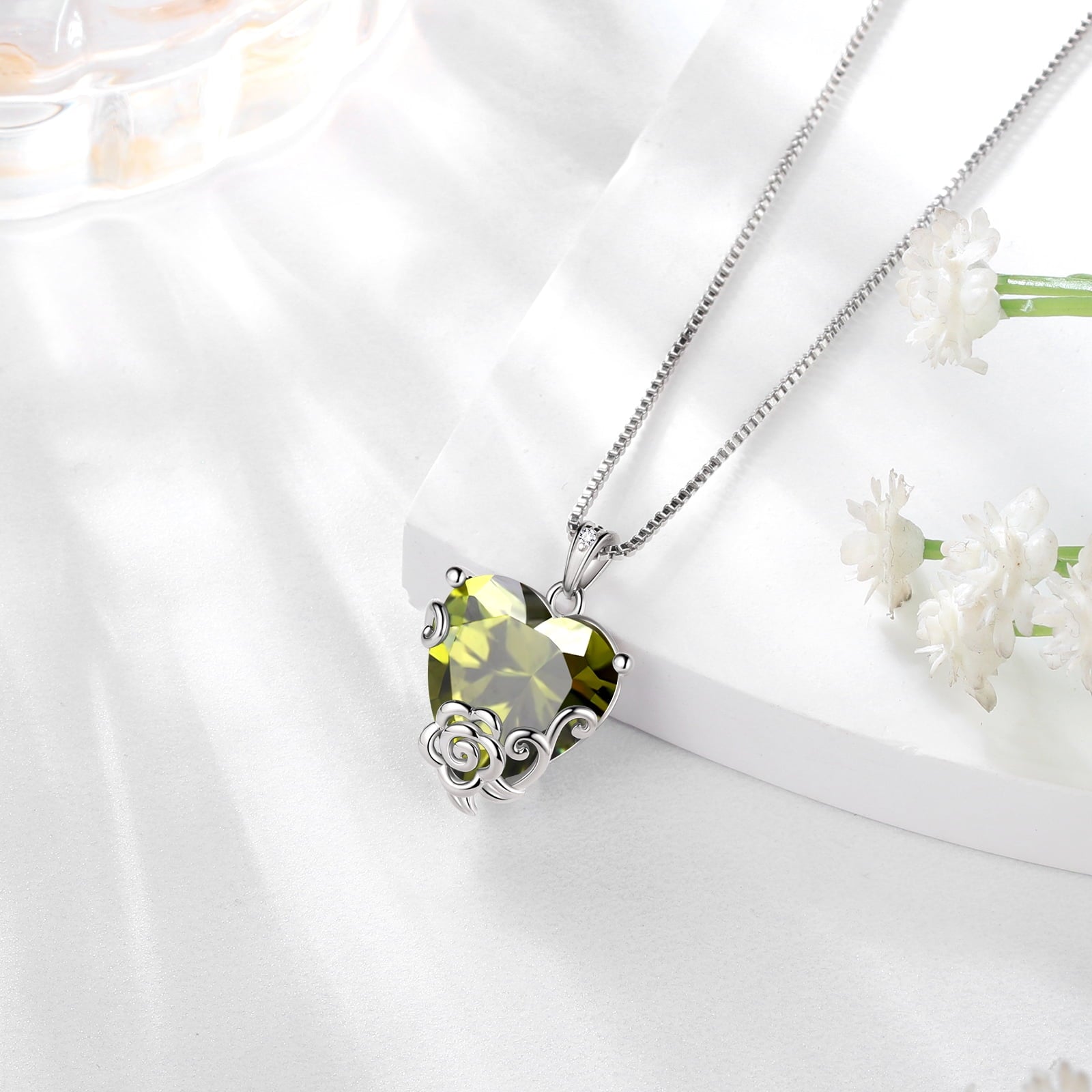 Women Heart Necklace August Birthstone Peridot Jewelry 925 Sterling Silver Flower Rose Pendant Mom Christmas Birthday Mother's Day Gift - Aurora Tears