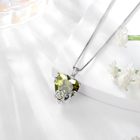 Women Heart Necklace August Birthstone Peridot Jewelry 925 Sterling Silver Flower Rose Pendant Mom Christmas Birthday Mother's Day Gift - Aurora Tears
