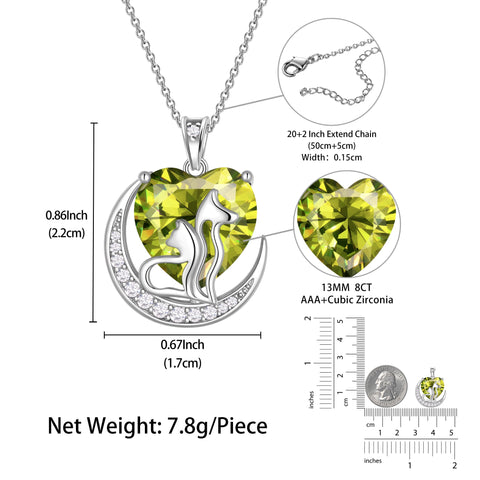 Women Animal Cat and Dog Necklace Green Heart August Birthstone Charm Peridot Pendant Jewelry Birthday Mother's Day Gift for Mom Wife Daughter Pet Lover - Aurora Tears