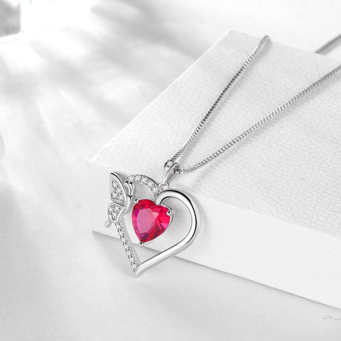 Women Red Heart Necklace Butterfly July Birthstone Necklace Ruby Crystal 925 Sterling Silver Pendant Jewelry Wedding Birthday Mother's Day Gifts - Aurora Tears