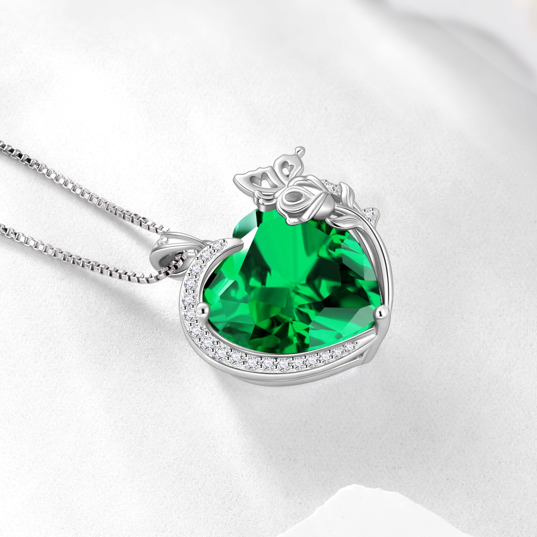 Women Heart Necklace Butterfly Rose Flower Pendant May Birthstone Emerald Green 925 Sterling Silver Jewelry Mother's Day Gift for Mom Grandma - Aurora Tears