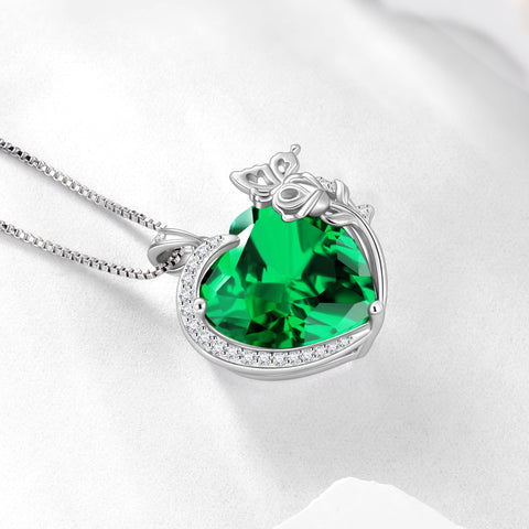 Women Heart Necklace Butterfly Rose Flower Pendant May Birthstone Emerald Green 925 Sterling Silver Jewelry Mother's Day Gift for Mom Grandma - Aurora Tears