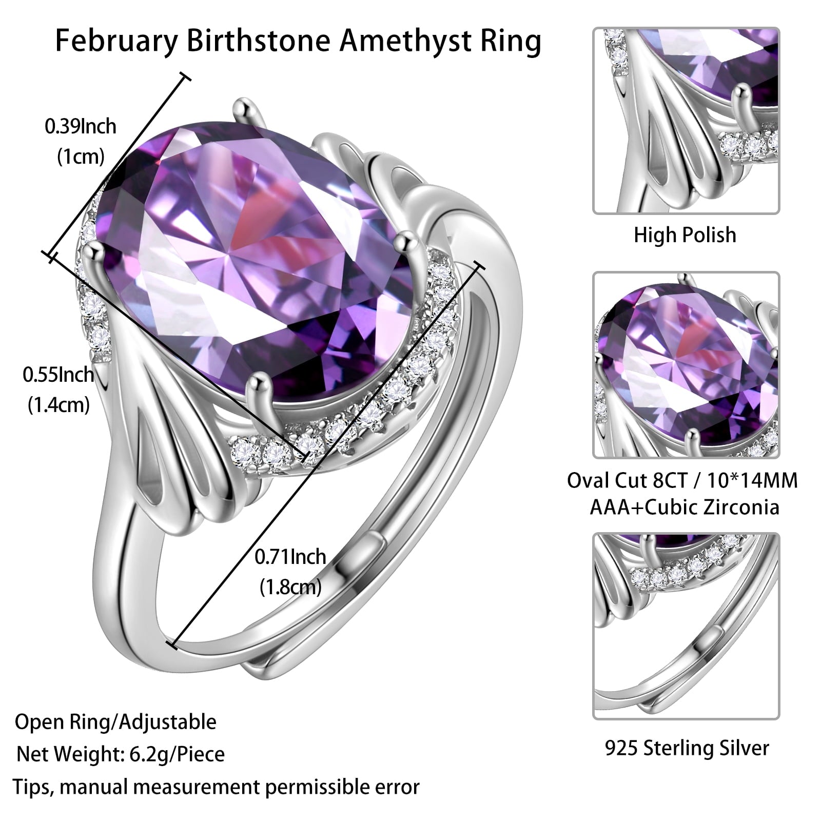 Halo Oval 8Ct Women Ring 925 Sterling Silver February Birthstone Amethyst Purple Crystal Jewelry Mother Grandma Birthday Valentine's Day Gift - Aurora Tears