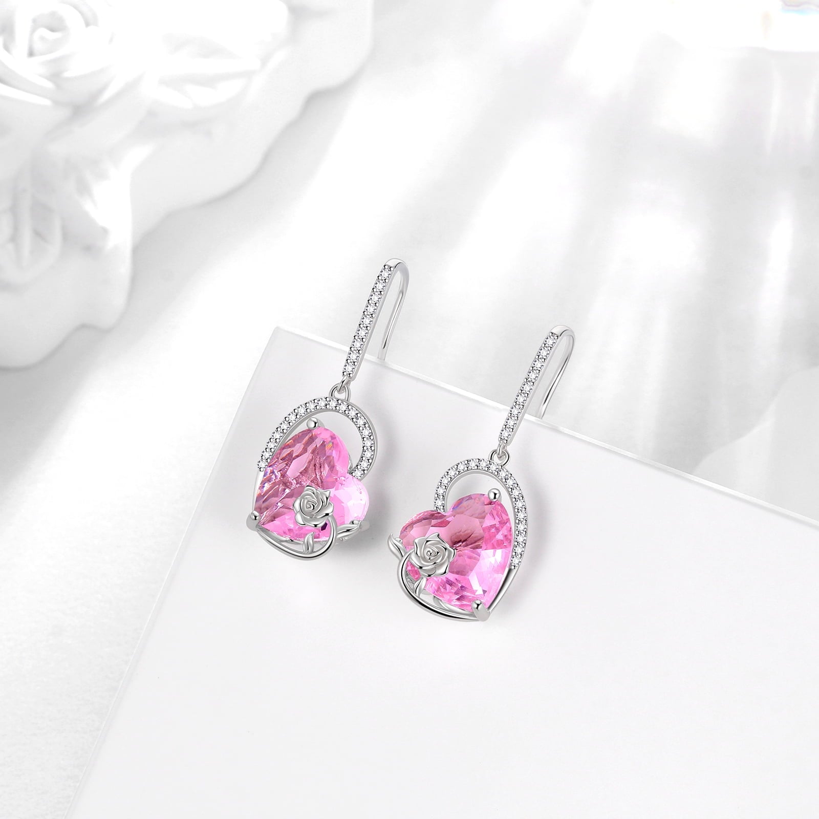 925 Sterling Silver Earrings Women Heart October Birthstone Hook Dangle Earring Tourmaline Pink Rose Jewelry Mother Christmas Valentine's Day Gift - Aurora Tears