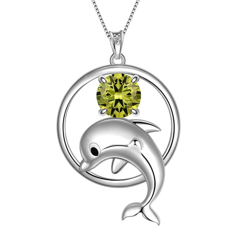 Juwaliy 925 Sterling Silver Cute Dolphin Necklace for Women Birthstone Pendant Sea Animal Jewelry Gifts - Aurora Tears