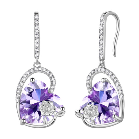 Boucles d'oreilles pendantes en argent sterling pour femmes, motif cœur, pierre de naissance, cristal, rose, bijoux pour filles, cadeau d'anniversaire, de Saint-Valentin et de Noël
