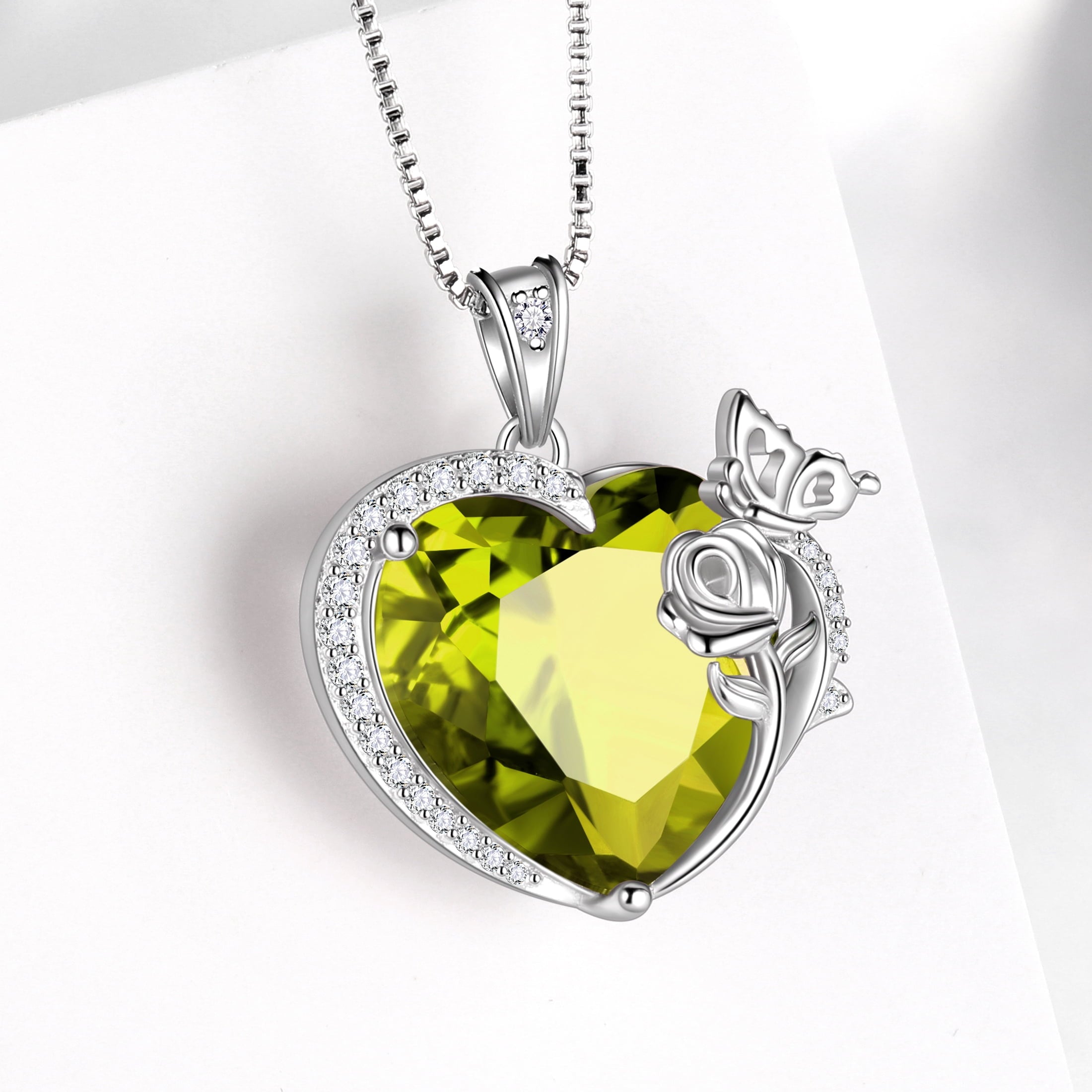 Women Heart Necklace Butterfly Rose Flower Pendant August Birthstone Peridot Jewelry 925 Sterling Silver Wife Mother Birthday Anniversary Gift - Aurora Tears