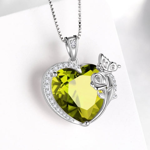 Women Heart Necklace Butterfly Rose Flower Pendant August Birthstone Peridot Jewelry 925 Sterling Silver Wife Mother Birthday Anniversary Gift - Aurora Tears