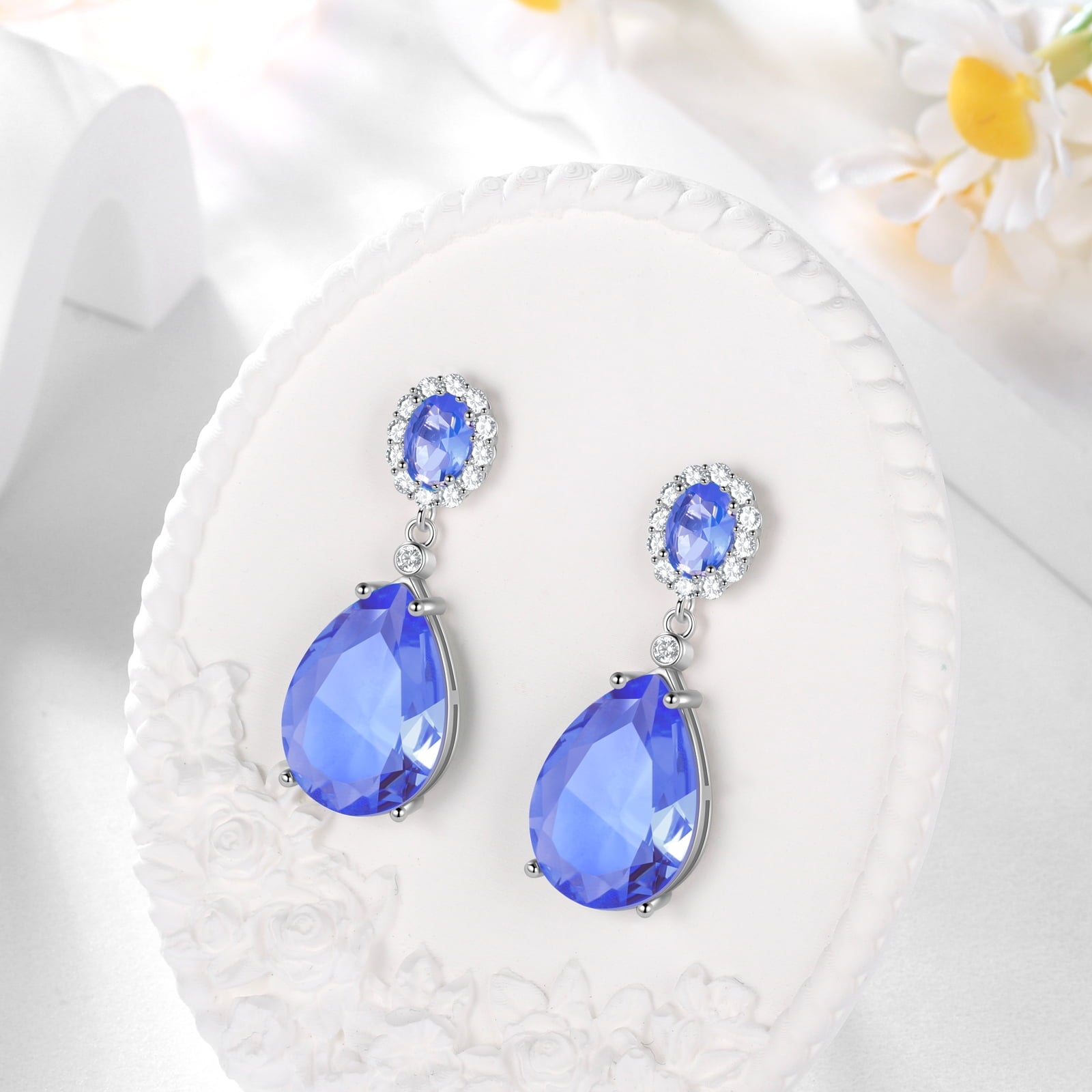 10Ct Women Dangle Earrings 925 Sterling Silver Teardrop Blue Tanzanite December Birthstone Earrings 925 Sterling Silver Jewelry Mother Christmas Valentines Day Gift for Her - Aurora Tears