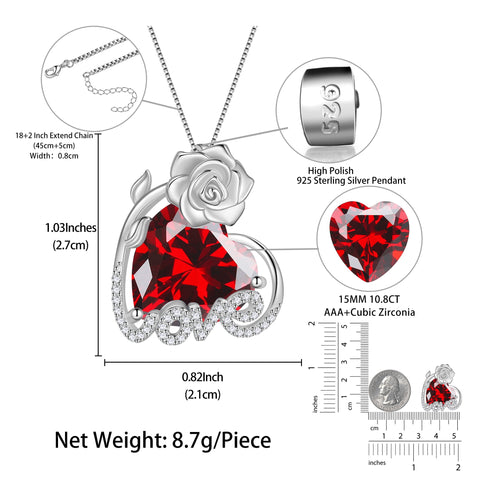 15MM Rose Heart Women Necklace January Birthstone 925 Sterling Silver Love Flower Pendant Garnet Jewelry Valentine's Day Gift for Wife Mother Girlfriend - Aurora Tears
