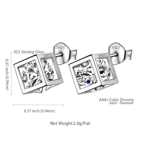 Boucles d'oreilles en forme de cube 3D avec pierre de naissance d'avril et diamant pour femme et fille, bijoux cadeau d'anniversaire en argent sterling