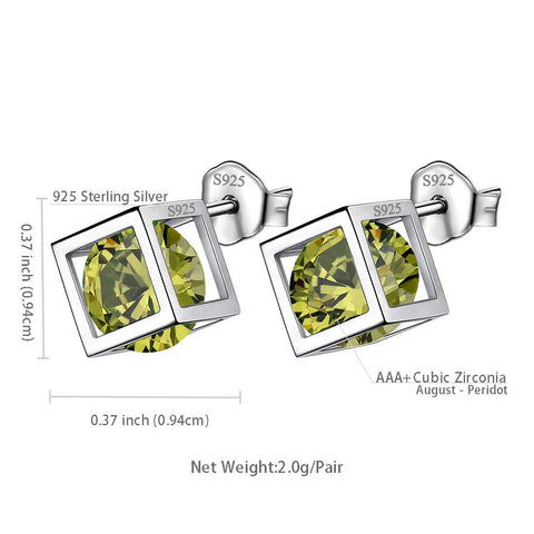 Cubo 3D Birthstone Agosto Peridoto Orecchini Stud Donne Ragazze Gioielli Regalo di compleanno Argento sterling