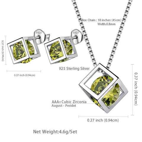 3D Cube Birthstone August Peridot Jewelry Set 3PCS Women Girls Birthday Gift