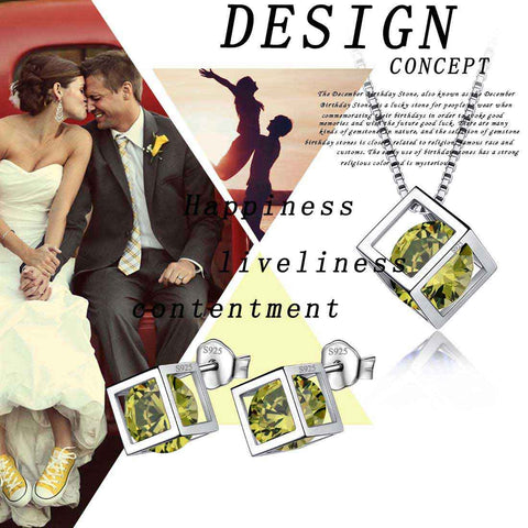 3D Cube Birthstone August Peridot Jewelry Set 3PCS Women Girls Birthday Gift