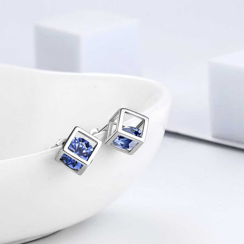 Boucles d'oreilles Cube 3D en Tanzanite avec pierre de naissance de décembre, bijoux pour femmes et filles, cadeau d'anniversaire en argent sterling