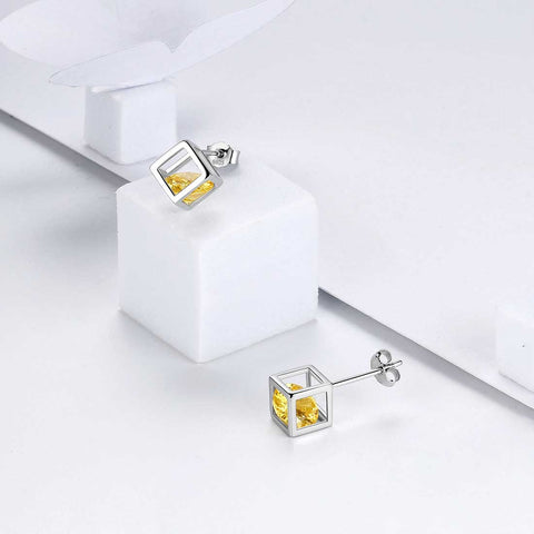 Boucles d'oreilles en forme de cube 3D avec pierre de naissance de novembre et citrine pour femmes et filles, bijoux cadeau d'anniversaire en argent sterling