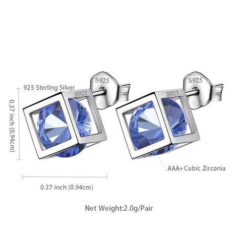 Boucles d'oreilles Cube 3D en Tanzanite avec pierre de naissance de décembre, bijoux pour femmes et filles, cadeau d'anniversaire en argent sterling