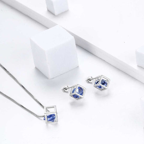 Ensemble de bijoux en Tanzanite avec pierre de naissance Cube 3D, 3 pièces, cadeau d'anniversaire pour femmes et filles