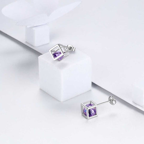 Cubo 3D Birthstone Febbraio Ametista Orecchini Stud Donne Ragazze Gioielli Regalo di compleanno Argento sterling